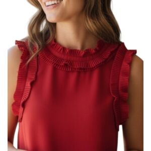 Ann Taylor Holiday Blouse Size 0 in Red Ruffled Collar Detail